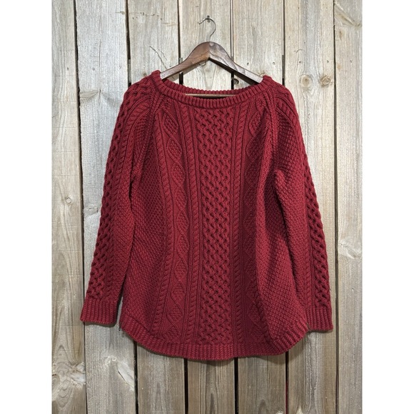 LL Bean Signature Fisherman Cable Knit Sweater Womens L Red 100% Cotton Tunic - Picture 3 of 8